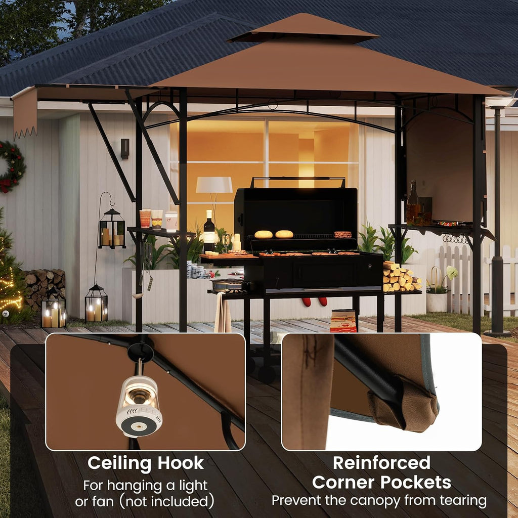Tangkula 13x5 Ft Grill Gazebo with Dual Side Awnings, 2-Tier Barbecue Gazebo with 2 Shelves, 7 Hooks, Adjustable Shadow, Outdoor Grill Canopy for Backyard Garden Poolside (Coffee)