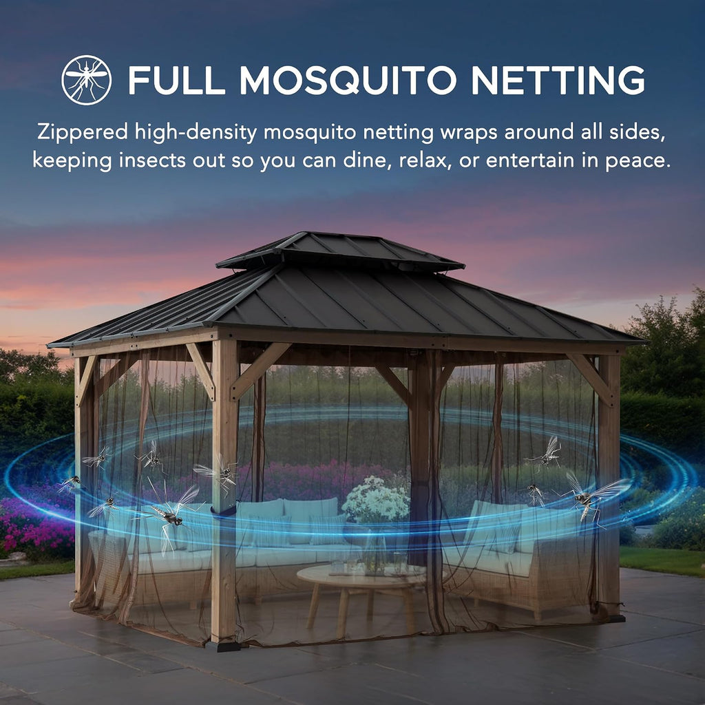 SUNJOY 10x12 Hardtop Wood Gazebo with Galvanized Steel Roof, LED String Lights & Mosquito Netting, Outdoor Permanent Pavilion Cedar Gazebo for Backyard, Garden, Patio, Deck, Lawn