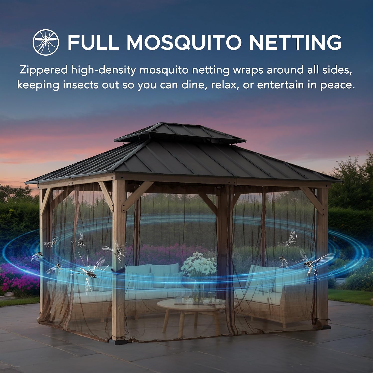 SUNJOY 10x12 Hardtop Wood Gazebo with Galvanized Steel Roof, LED String Lights & Mosquito Netting, Outdoor Permanent Pavilion Cedar Gazebo for Backyard, Garden, Patio, Deck, Lawn