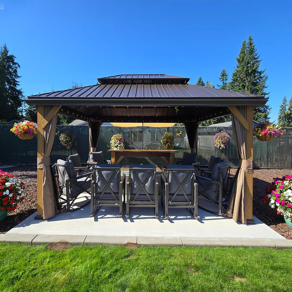 domi outdoor living 12x14 ft Wood Gazebo, Cedar Frame Hardtop Gazebo with Galvanized Steel Double Roof, Netting & Curtains, Patio Pergola Pavilion for Patio, Backyard, Deck, Lawns
