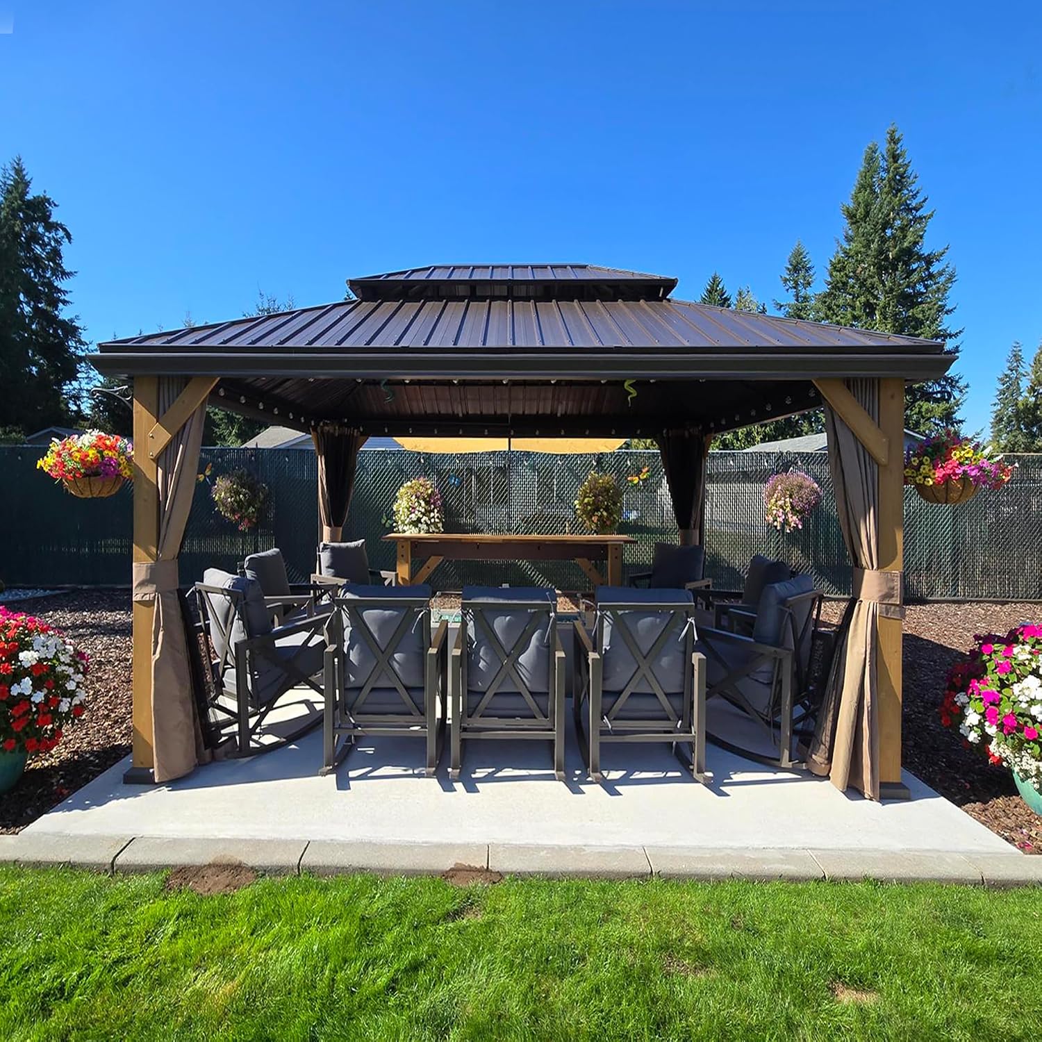 domi outdoor living 12x14 ft Wood Gazebo, Cedar Frame Hardtop Gazebo with Galvanized Steel Double Roof, Netting & Curtains, Patio Pergola Pavilion for Patio, Backyard, Deck, Lawns
