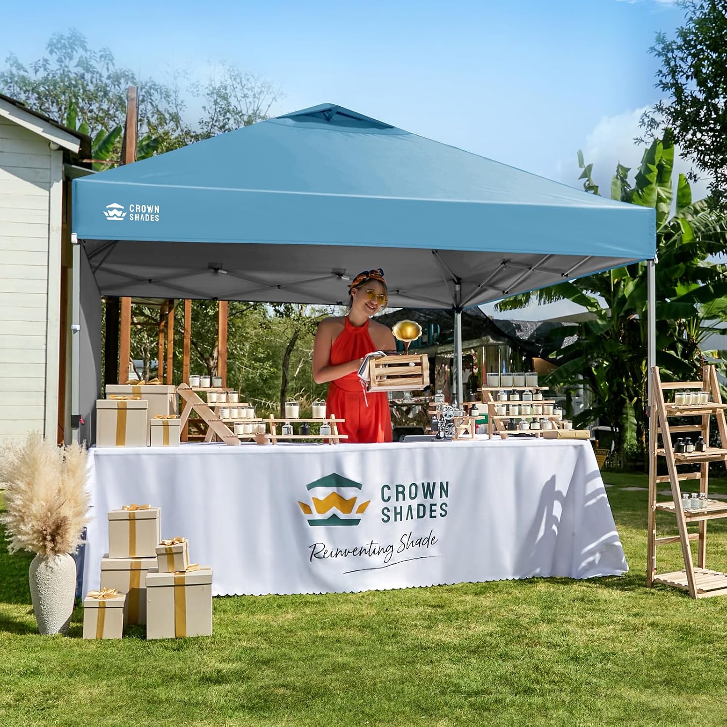 CROWN SHADES 10x10 Pop Up Canopy with 1 Side Wall - Beach Tent with One Push Setup - Outdoor Sun Shade for Events, Parties, Camping - Gazebo with STO-N-Go Cover Bag (Cyan Blue)