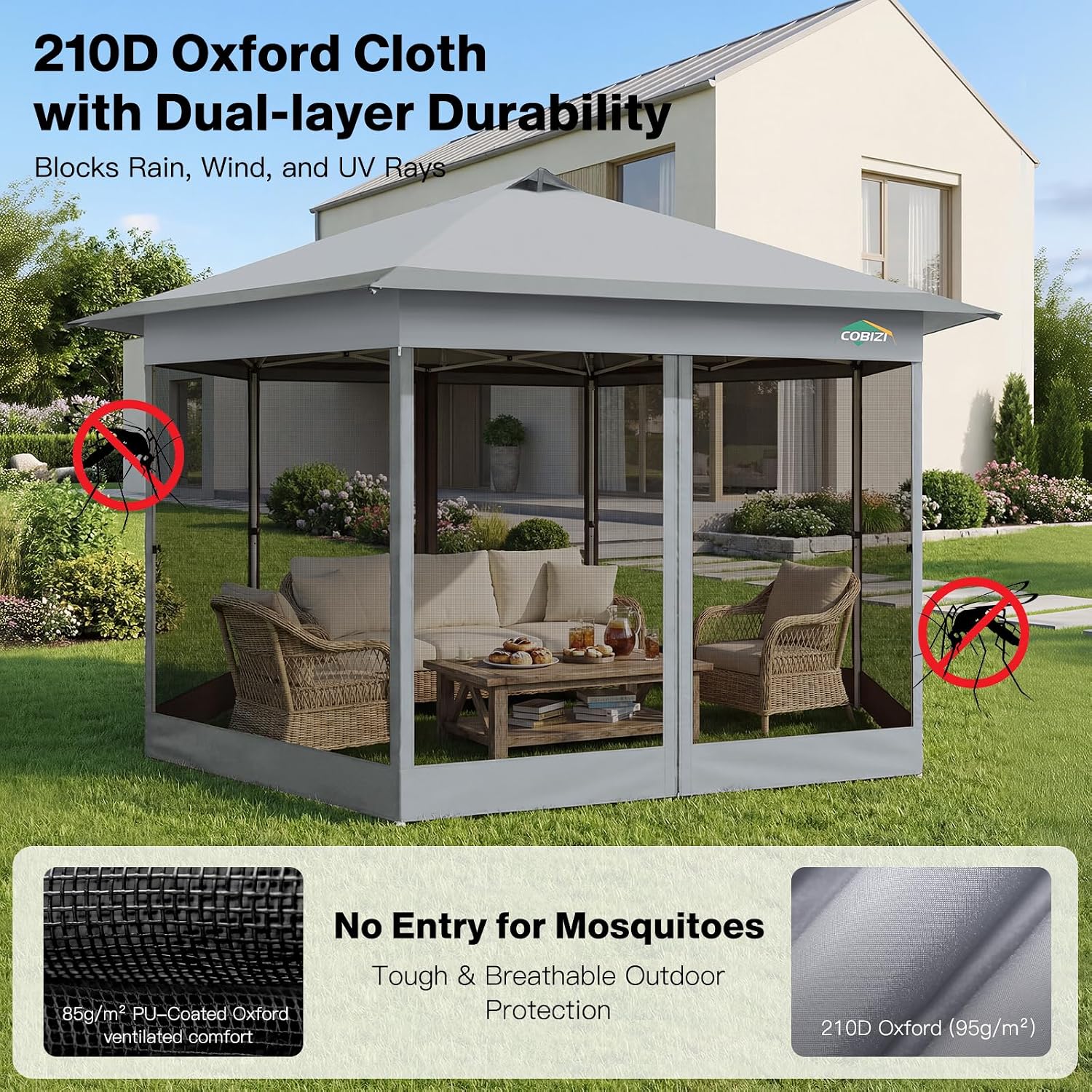 COBIZI 16x16 Pop up Gazebo, Hexagonal Outdoor Canopy Tent with Mosquito Netting, Portable 6-Sided Gazebo Tent, Waterproof, UV Resistant Height for Backyard, Gardens, Patio（Gray）