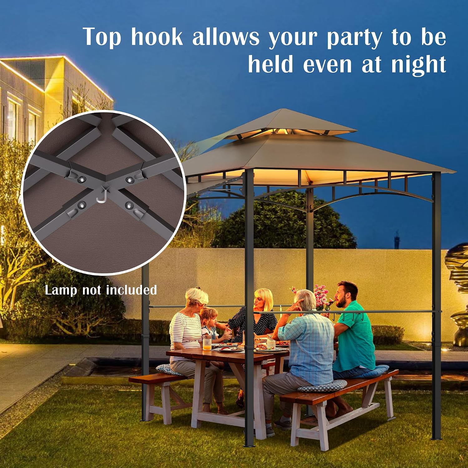 MAGIC UNION 8x8 FT Grill Gazebo with Side Awning, 2-Tier Barbecue Canopy Shelter with 2 Shelves, 7 Hanging Hooks, Bottle Opener, Outdoor Grilling Awnings Tent for Backyard Garden Poolside (Khaki)