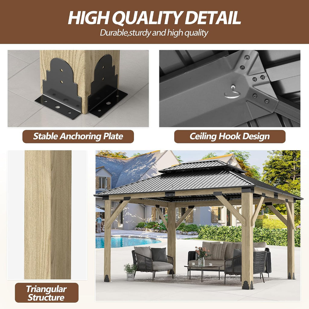 11'x13' Wood Gazebo,Outdoor Hardtop Gazebo with Galvanized Steel Doule Roof, Wooden Frame Gazebos for Patio Backyard Deck