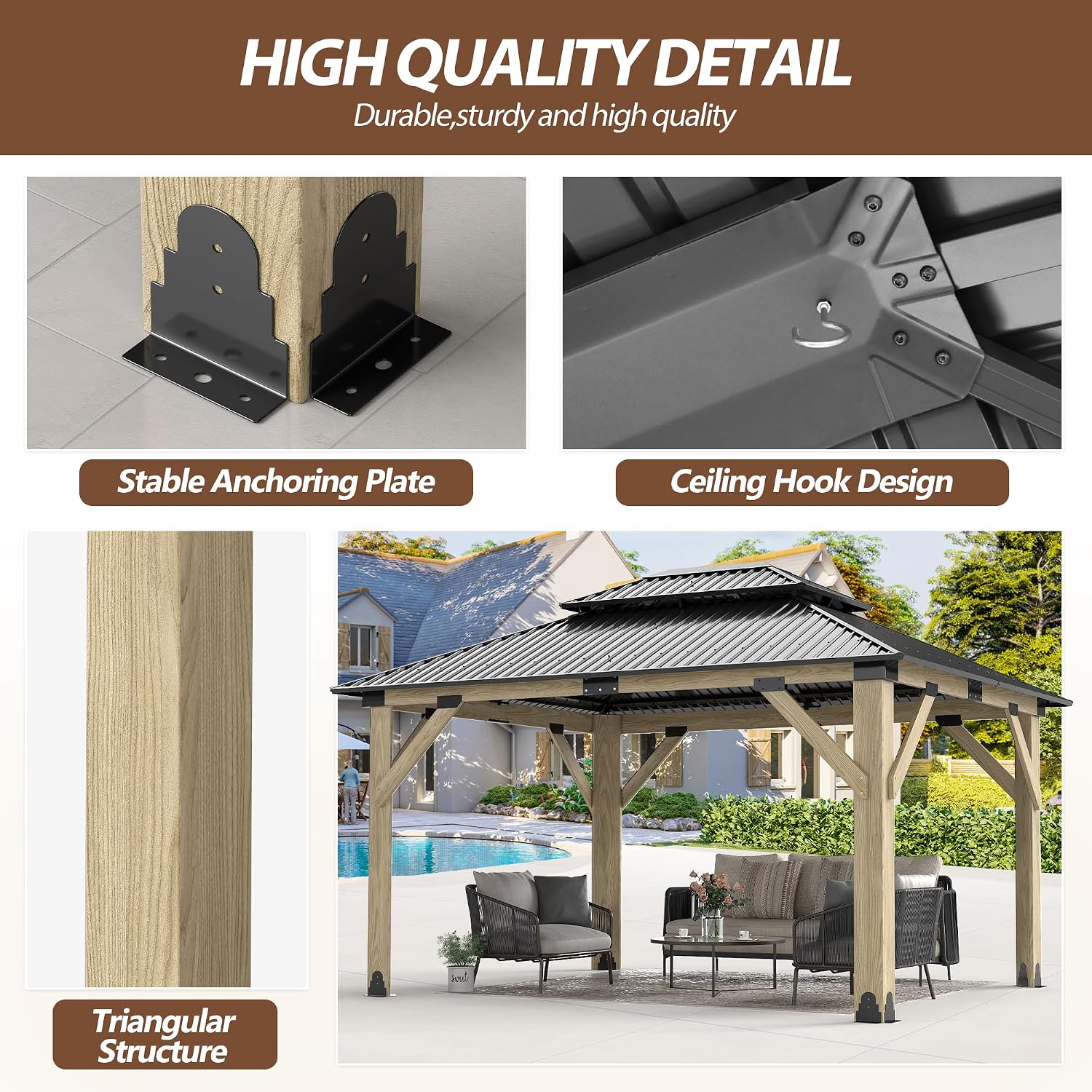 11'x13' Wood Gazebo,Outdoor Hardtop Gazebo with Galvanized Steel Doule Roof, Wooden Frame Gazebos for Patio Backyard Deck