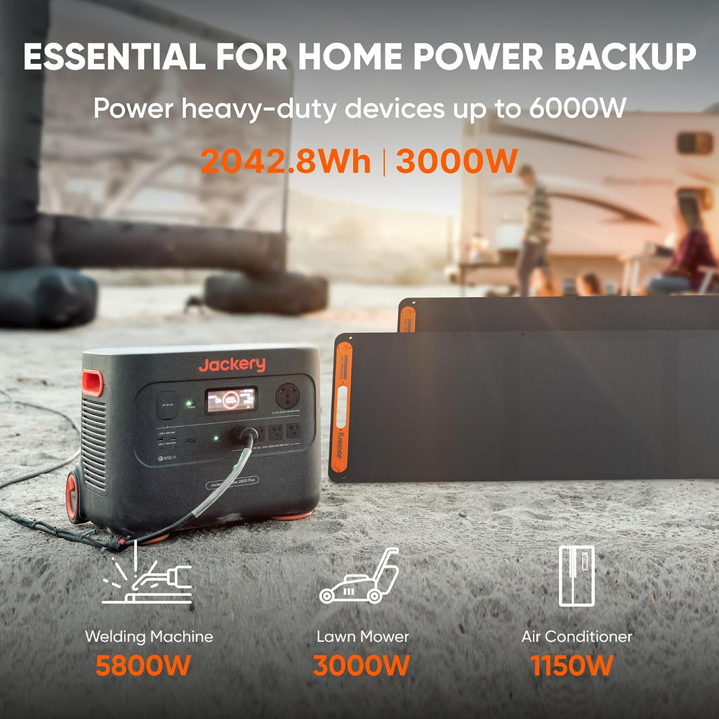 Jackery Explorer 2000 Plus Portable Power Station with 2x 200W Solar Panels, 2042Wh LiFePO4 Solar Generator, 3000W AC Output, Expandable to 24kWh, UPS Home Backup for Camping RV Off-Grid Emergency