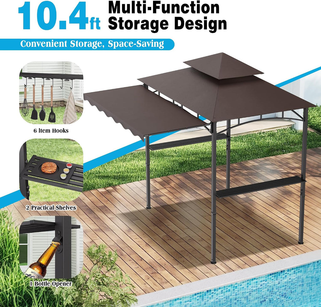 TITIMO 8'x 8' x 7.8' Double Tiered Grill Gazebo with Side Awning,Outdoor Patio BBQ Pergola, Heavy-Duty Metal Frame Canopy Tent with Side Shelves,Hooks,Bottle Opener for Lawn Deck and Garden (Brown)