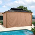 PURPLE LEAF 10' X 14' Outdoor Hardtop Gazebo for Patio Galvanized Steel Double Roof Permanent Canopy Teak Finish Coated Aluminum Frame Pavilion Gazebo with Netting and Khaki Curtains