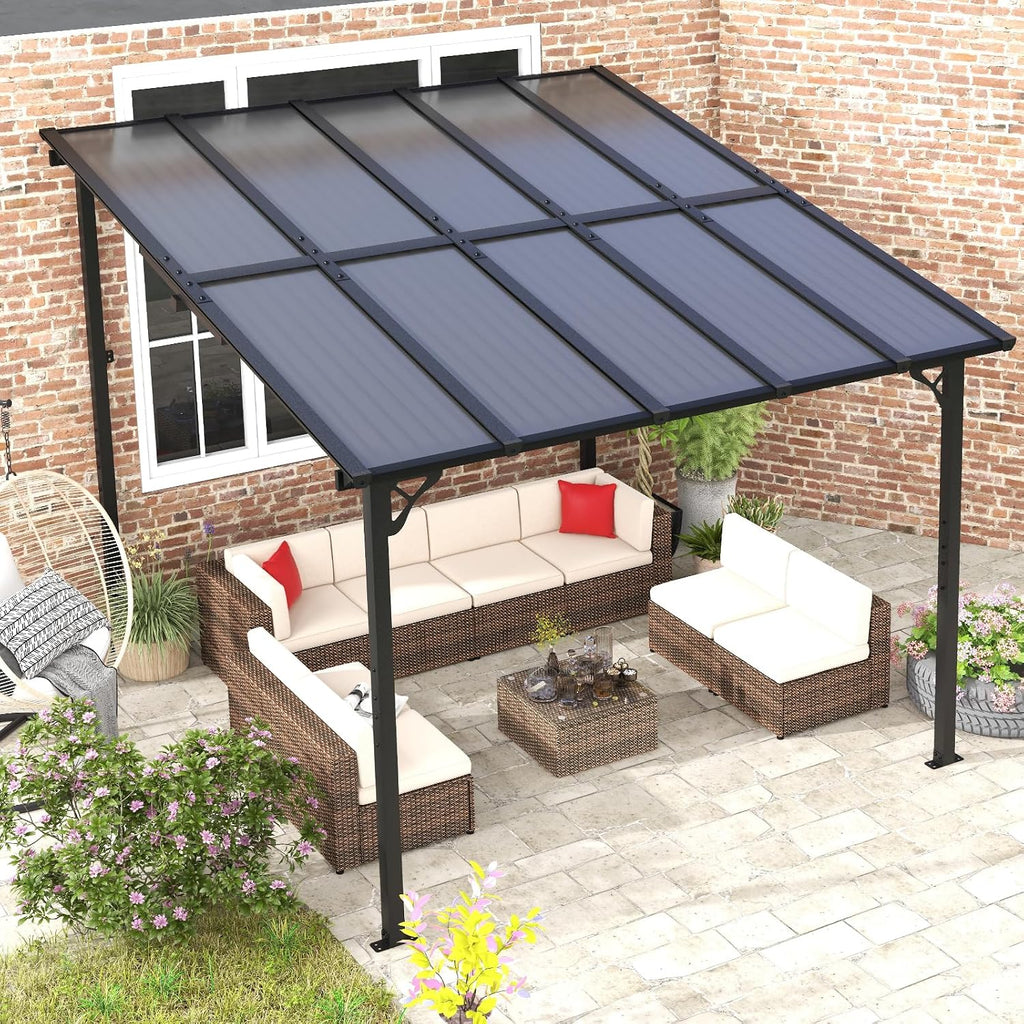 10' x 10' Gazebo for Patio, Gazebo Pergola with Sloped Roof, Large Wall-Mounted Heavy Duty Awnings, for Backyard, Patio, Deck and More