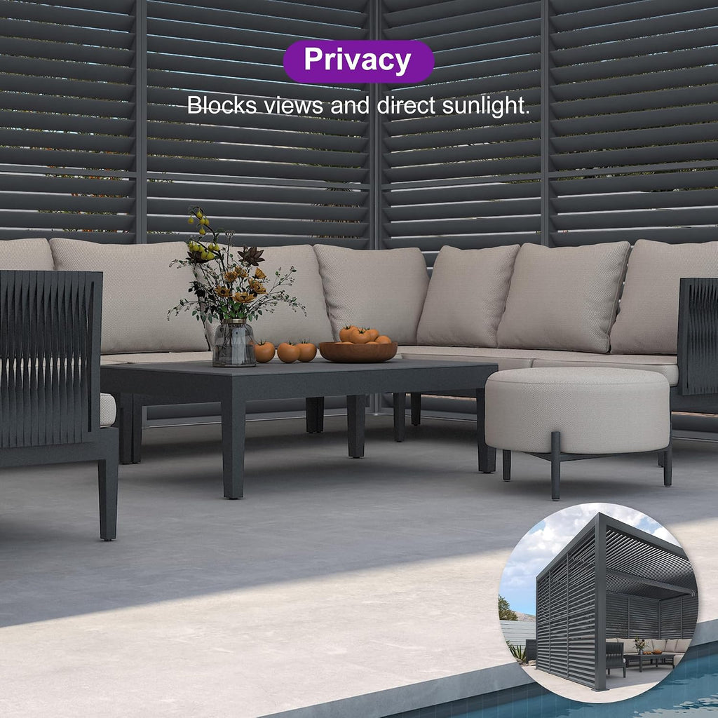 PURPLE LEAF Louvered Pergola 94AS 11' x 14' Outdoor Aluminum Pergola with Fixed Shutter Wall Adjustable Roof for Deck Backyard Grey Hardtop Gazebo, 1 Long Side