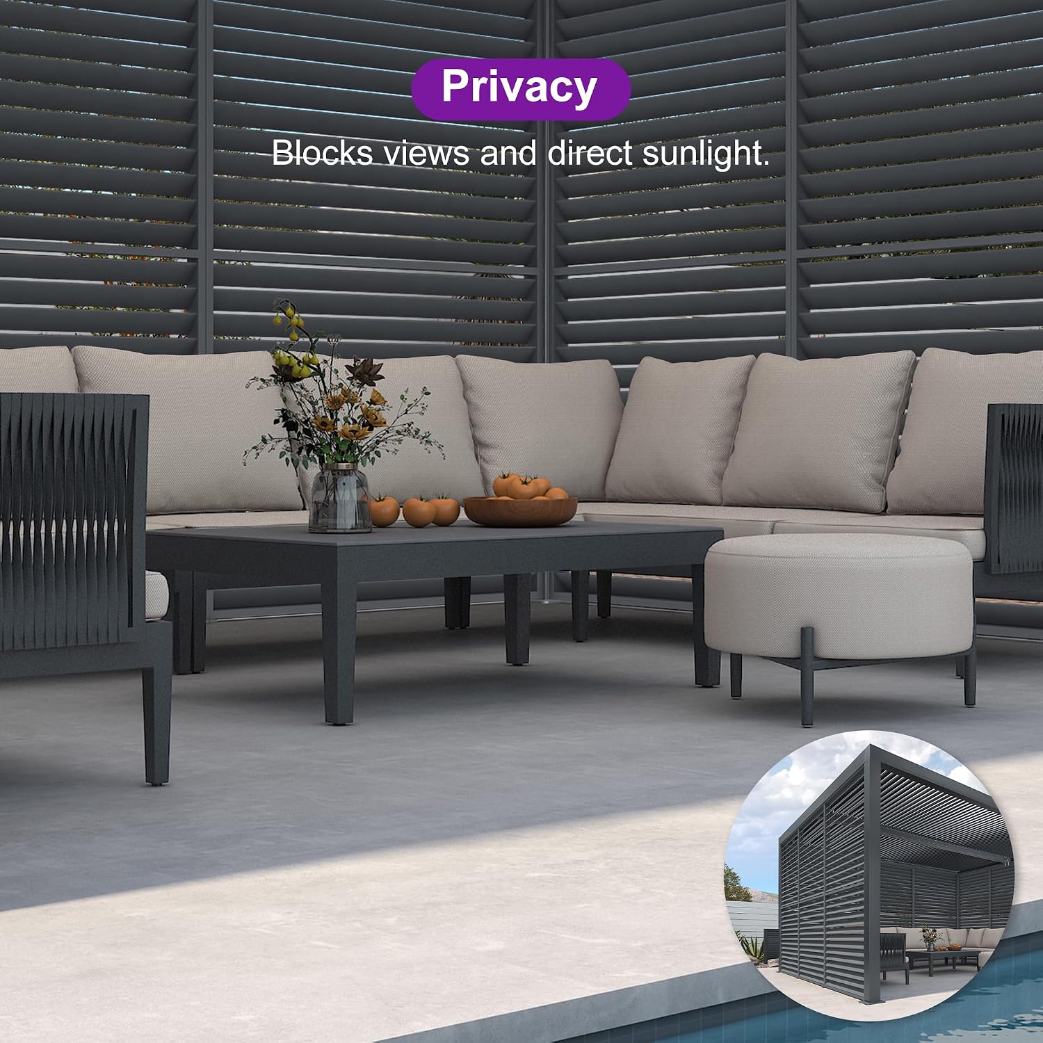 PURPLE LEAF Louvered Pergola 94AS 11' x 14' Outdoor Aluminum Pergola with Fixed Shutter Wall Adjustable Roof for Deck Backyard Grey Hardtop Gazebo, 1 Long Side