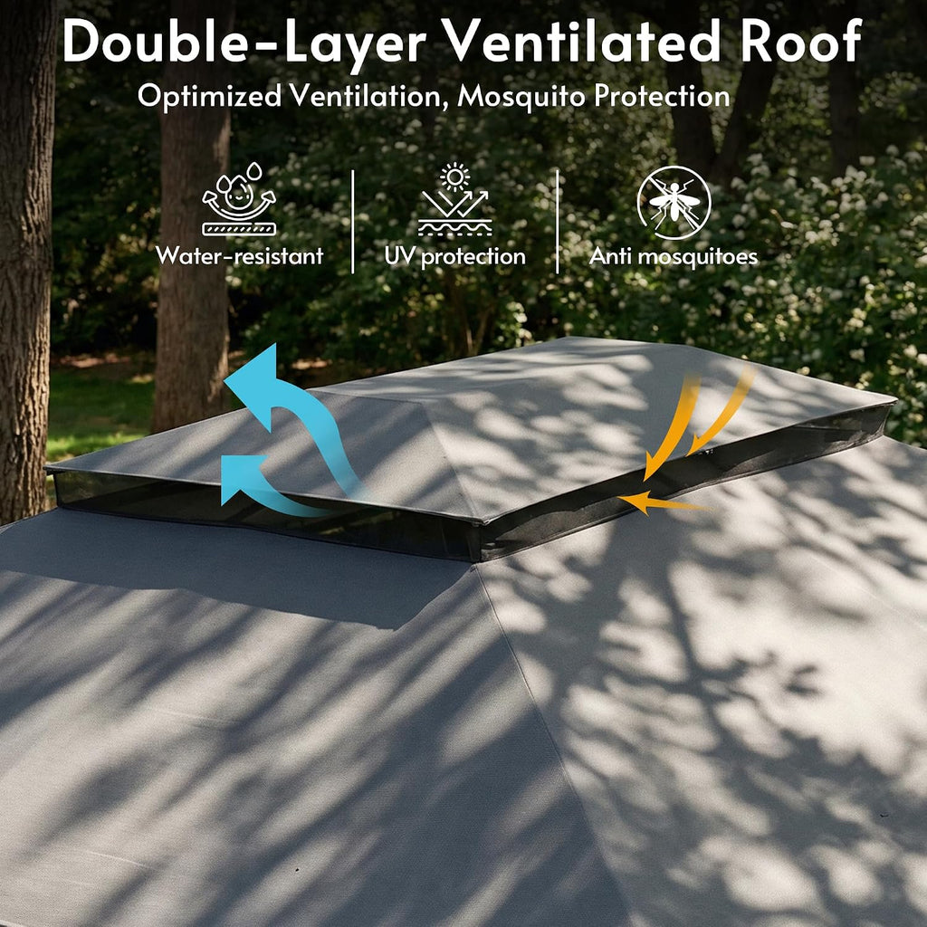 Outdoor Patio Gazebo 10x13, Heavy Duty Metal Frame Canopy Tent Shelter with Double Roof Design, Patio Gazebo with Mosquito Nettings and Privacy Screens for Backyard, Deck, Lawn, Garden