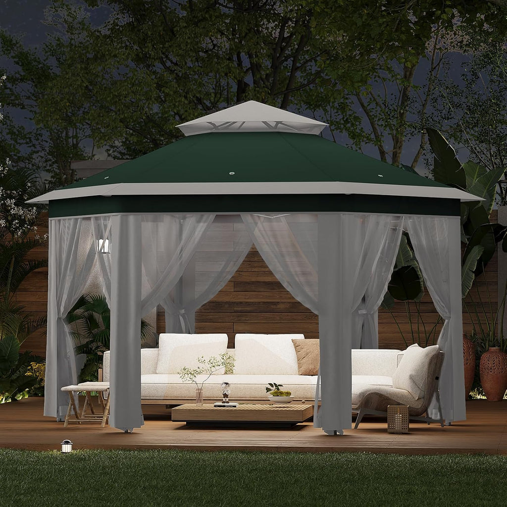 Pop-Up Gazebo 13 * 13 ft 6 Sided, Canopy Tent with Mesh Windows & Portable Carry Bag, Adjustable Tent Outdoor Pergola for Backyard & Patio Furniture (Green + Beige)