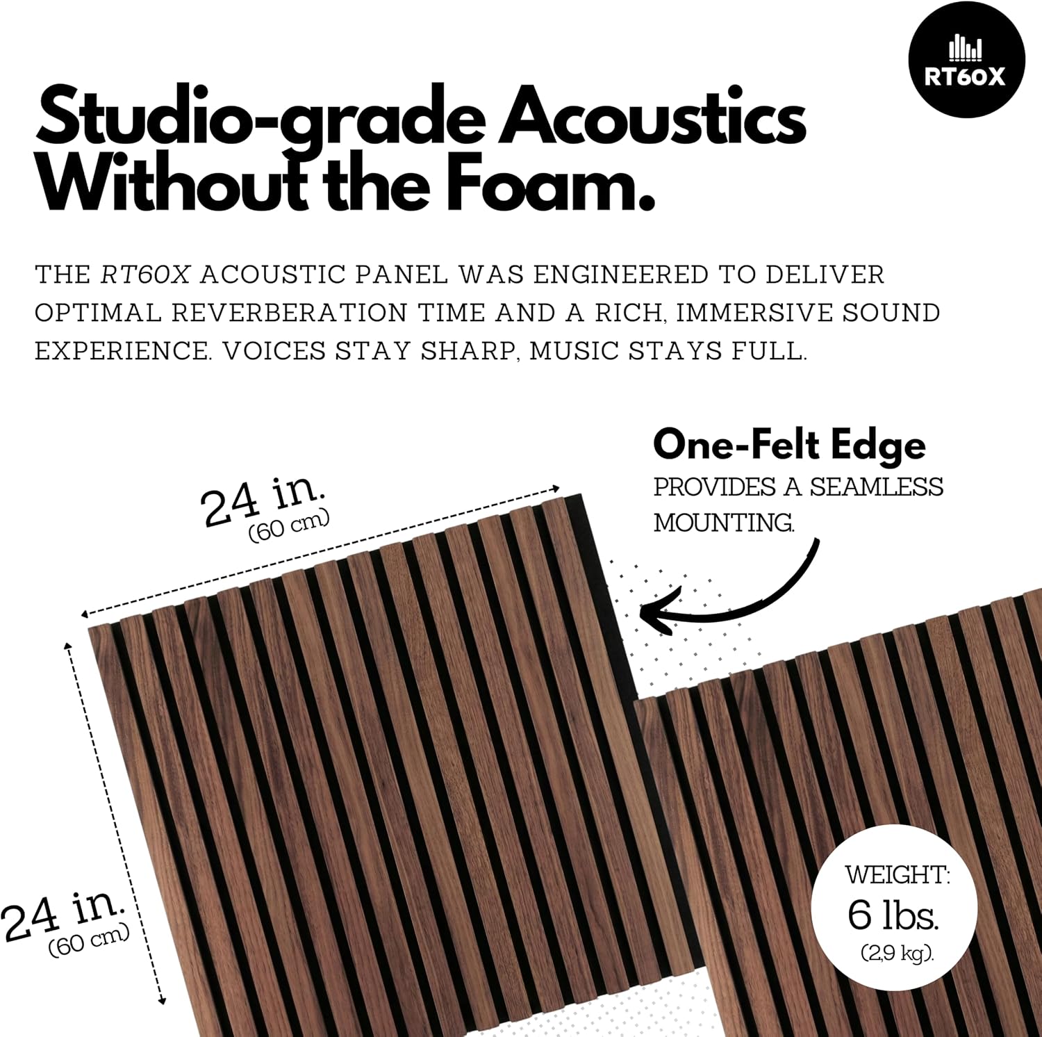 RT60X Peel & Stick Acoustic Wood Wall Panels, 4 Pack 24'x24'x1 - Self-Adhesive Sound Absorbing Slat Tiles for Studio, Home Office & Apartments, Renter-Friendly Easy Installation