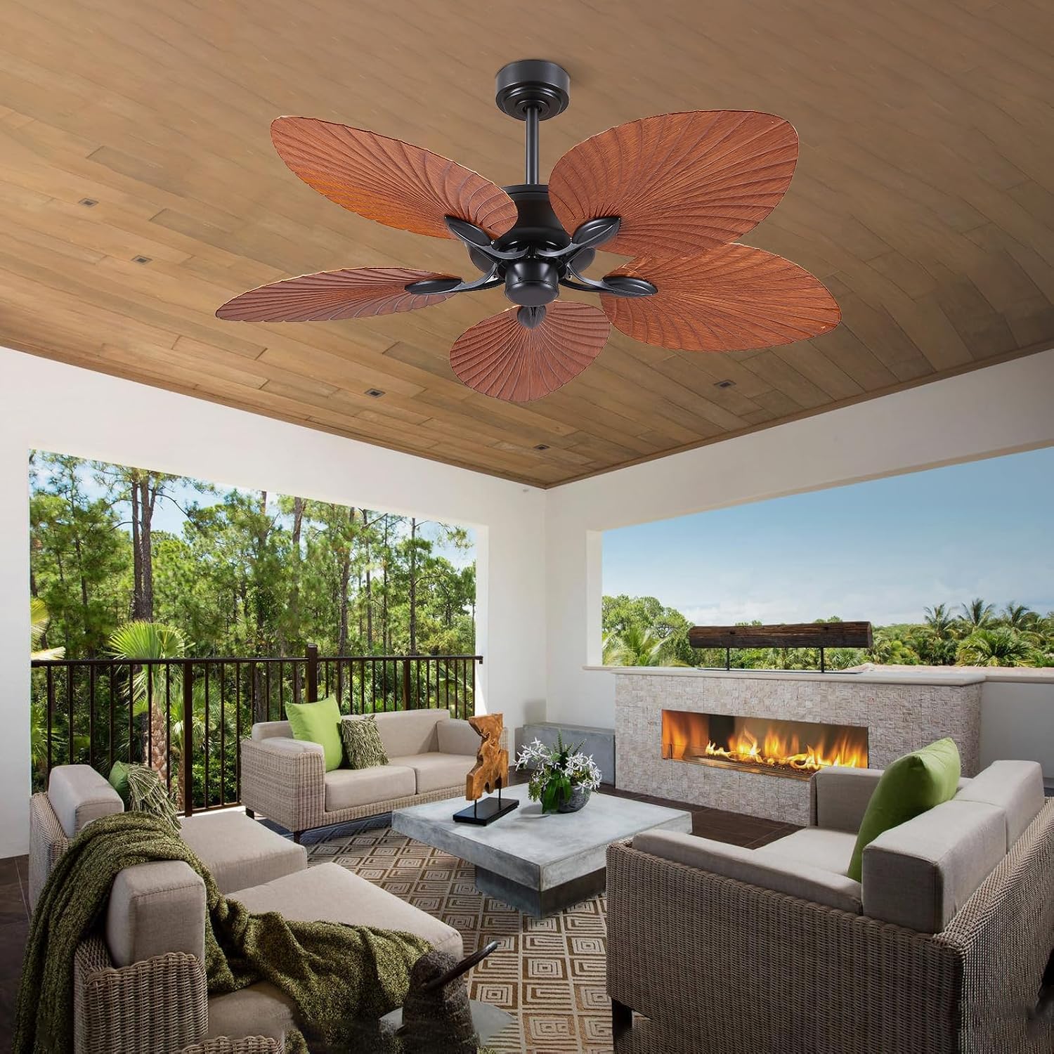 PHORUS 52' Waterproof Outdoor Palm Leaf Ceiling Fans Without Lights and Remote,Wet Rated Tropical Ceiling Fans for Patios Porch Gazebo Pergola