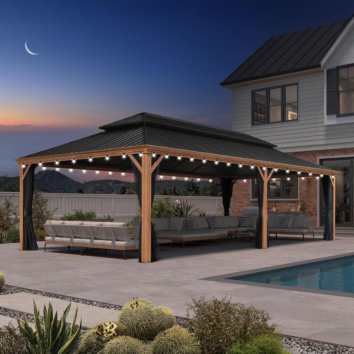 PURPLE LEAF 14' X 28' Outdoor Hardtop Gazebo for Patio Galvanized Steel Double Roof Permanent Canopy Teak Finish Coated Aluminum Frame Pavilion Gazebo with Netting and Lights
