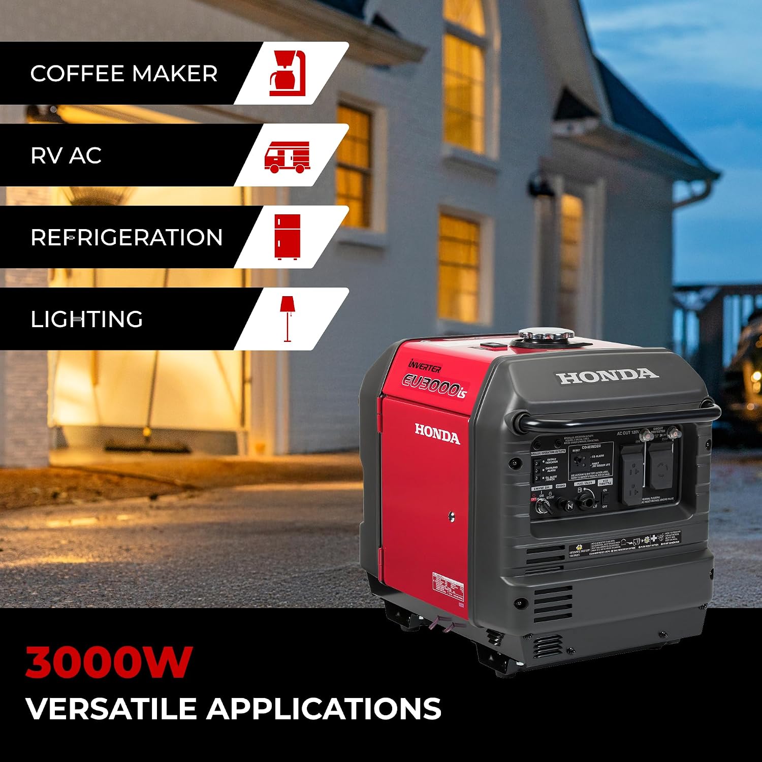 Honda EU3000iS 3000 Watt Inverter Generator, Super Quiet 120V Gas Powered Portable Generator for Camping, RV or Home Backup Power Supply, Up to 19.6 Hour Run Time (EU3000IS1AN)