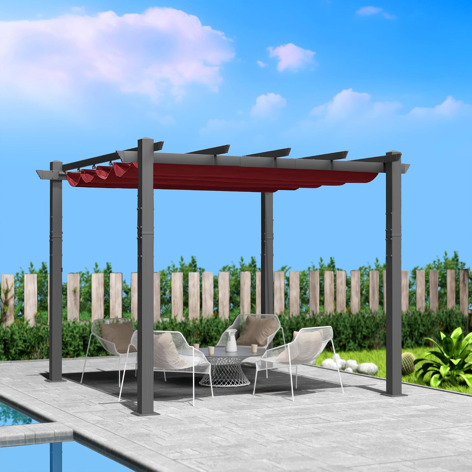 Kozyard Morgan Outdoor Retractable Pergola with Sun Shade Canopy Patio Aluminum Pergola Shelter for Backyard Deck Garden Modern Metal Grill Gazebo (10' x 10', Burgundy)