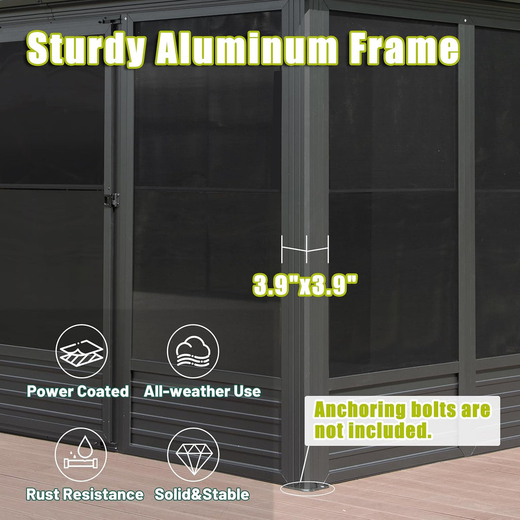 Domi 13x16.5FT Solarium Sunroom Kit, Outdoor Enclosed Patio Sunroom Gazebo with Aluminum Frame, Permanent Freestanding Hardtop Gazebo with 2 Sliding Doors (Front and Rear), Movable PVC Windows