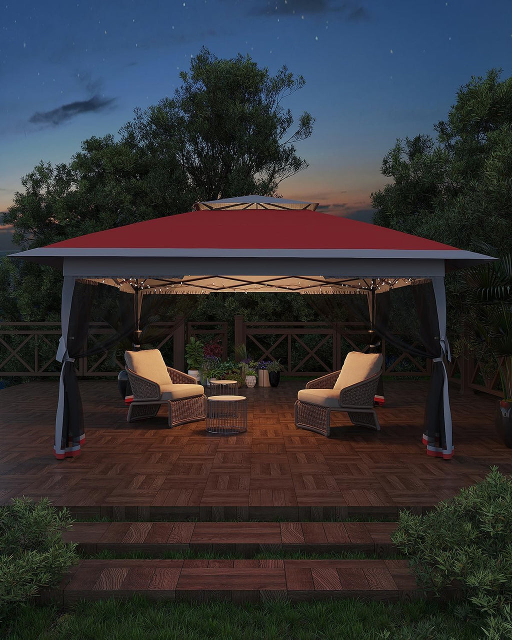 12x12FT Pop Up Gazebo, Instant Backyard Canopy Tent with Mosquito Net & Double Roof, Pop-Up Gazebo Canopies Adjustable Height for Patio, Party, Red