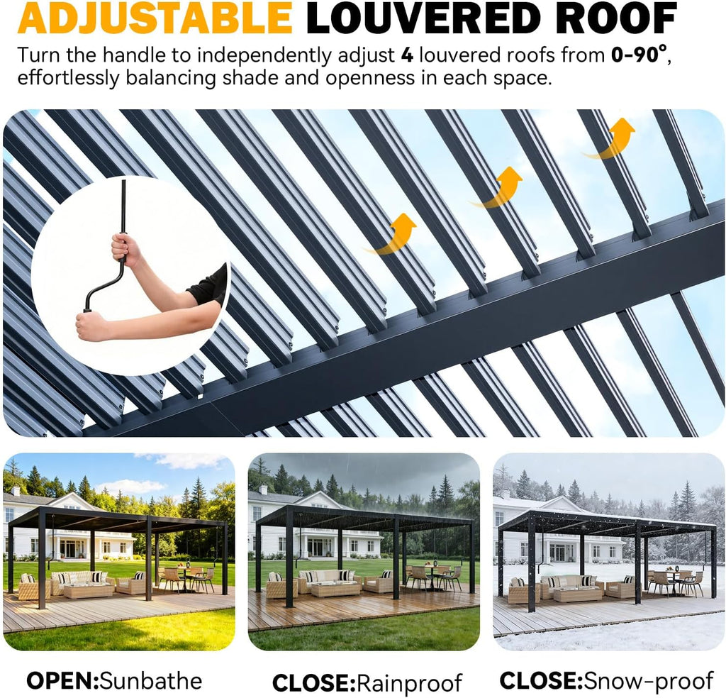 MELLCOM Pergola Louvered 12x20, Metal Hardtop Pergola with Adjustable Roof for Sun & Rain Shade, Outdoor Gazebo with Integrated Drainage System, Modern Rustproof Patio Canopy Carport