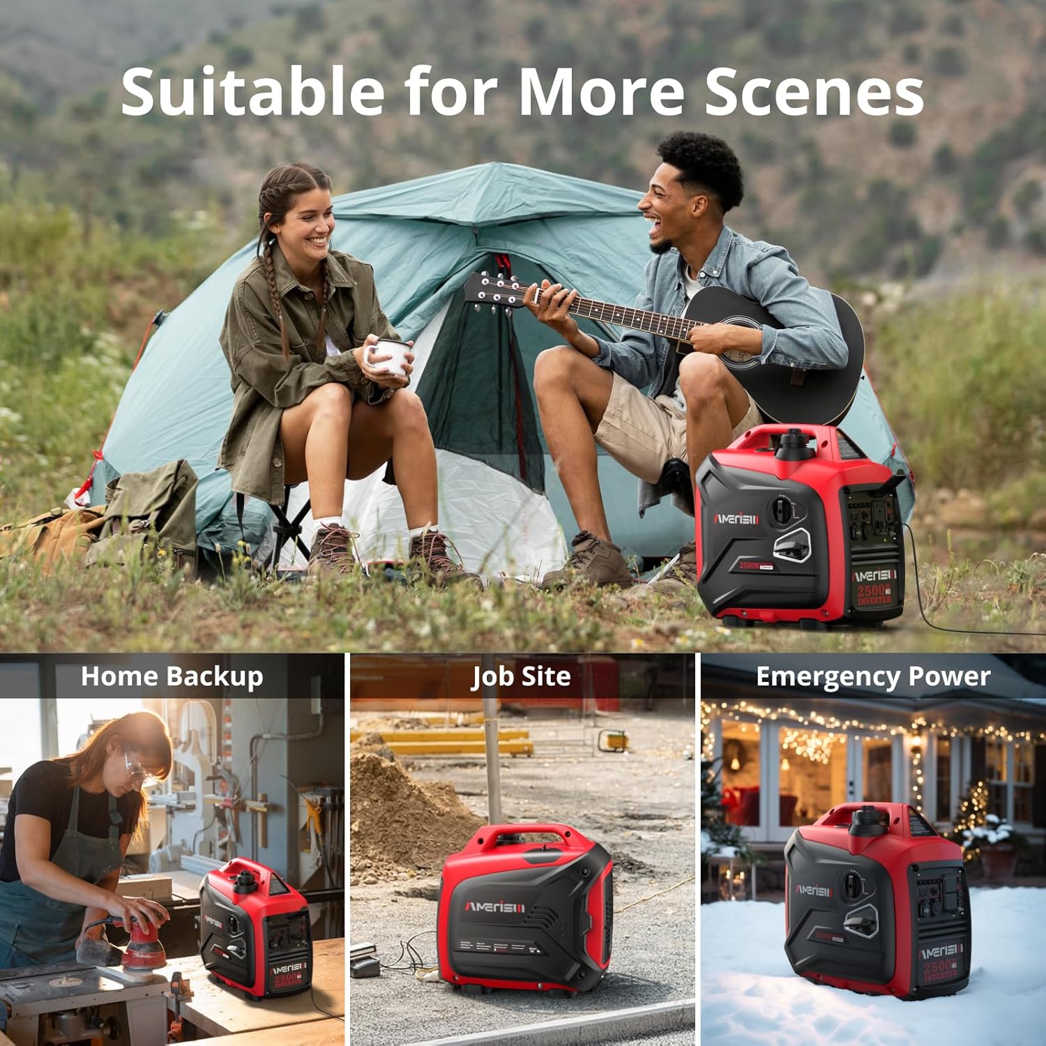 AMERISUN 2500W Portable Inverter Generator, Gas Powered Generator with CO Sensor, Super Quiet for Camping, Tailgating, Home Emergency Use, EPA Compliant