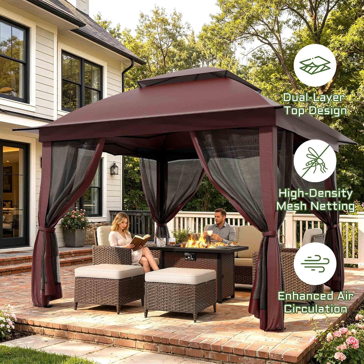 11'X11' Gazebo Pop Up with 4 Sidewalls Mosquito Netting, Heavy Duty Patio Gazebo Canopy Tent with Double Air Roofs for Backyards, Patios, Decks, Gardens, Parks