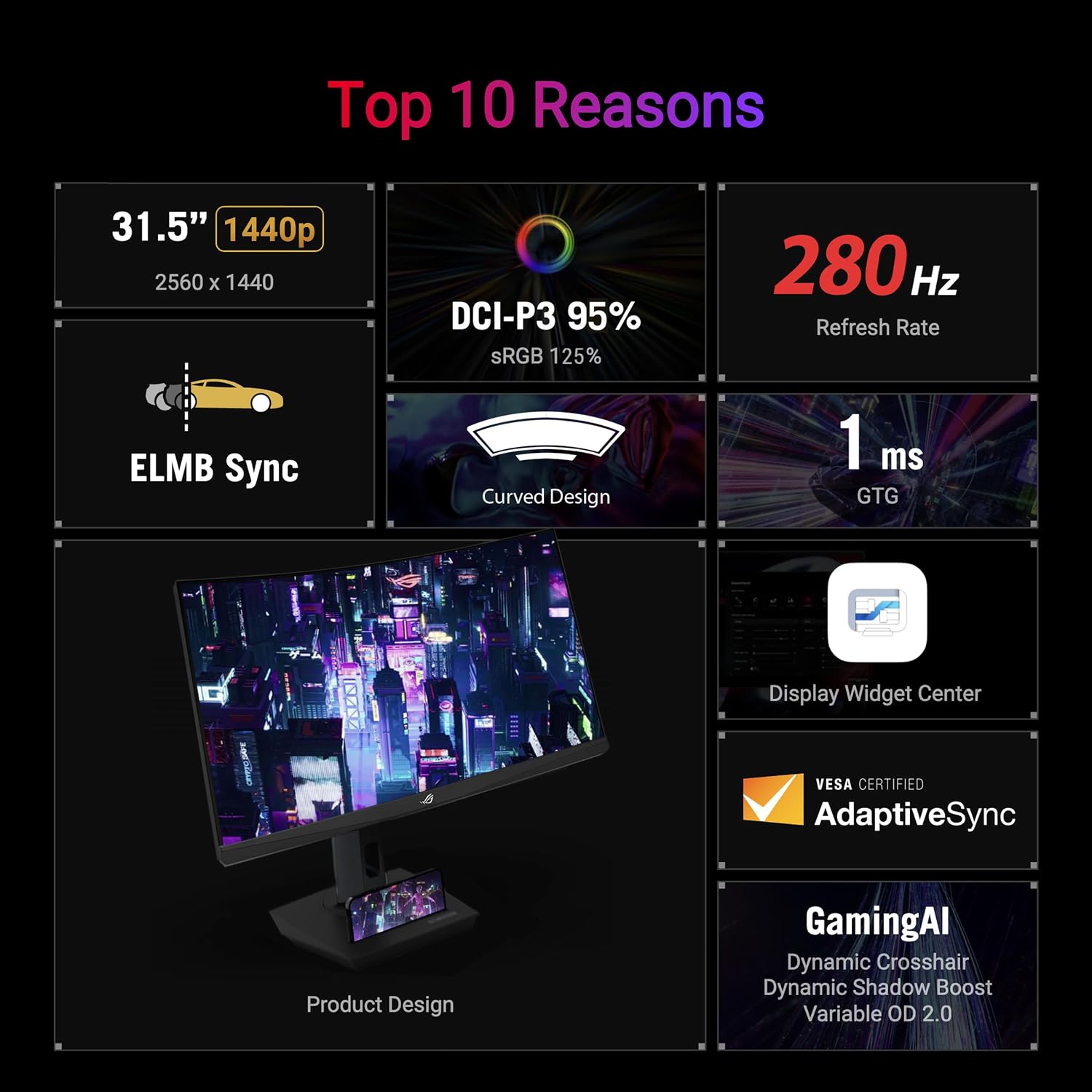 ASUS ROG Strix 32' 1440P USB-C Curved HDR400 Gaming Monitor (XG32WCMS) - QHD (2560x1440), 280Hz, 1ms, Fast VA, Extreme Low Motion Blur Sync, DisplayWidget, Tripod Socket, AI Gaming, 3 yr Warranty
