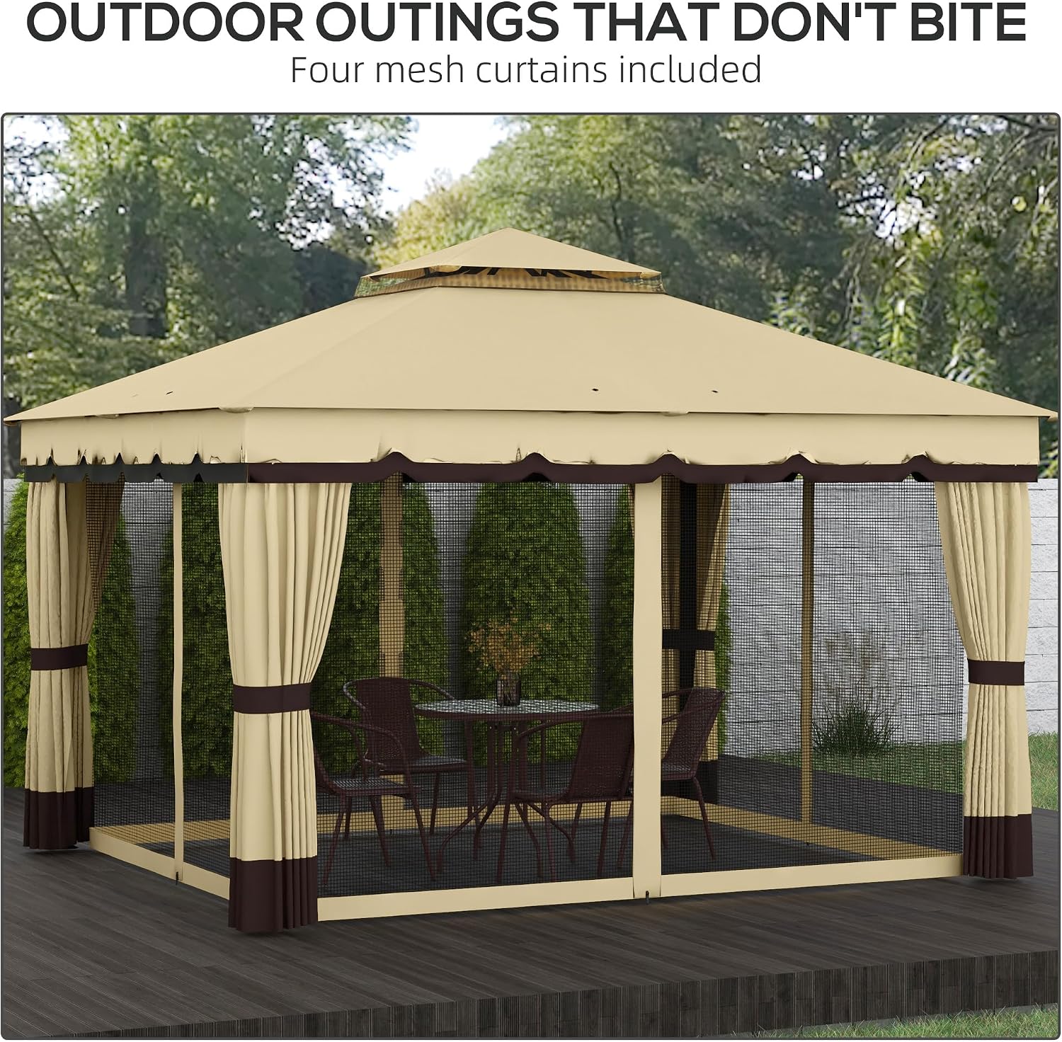 Outsunny 10' x 12' Patio Gazebo, Double Roof Outdoor Gazebo Canopy Shelter with Netting and Curtains, Solid Metal Frame for Garden, Lawn and Deck, Beige