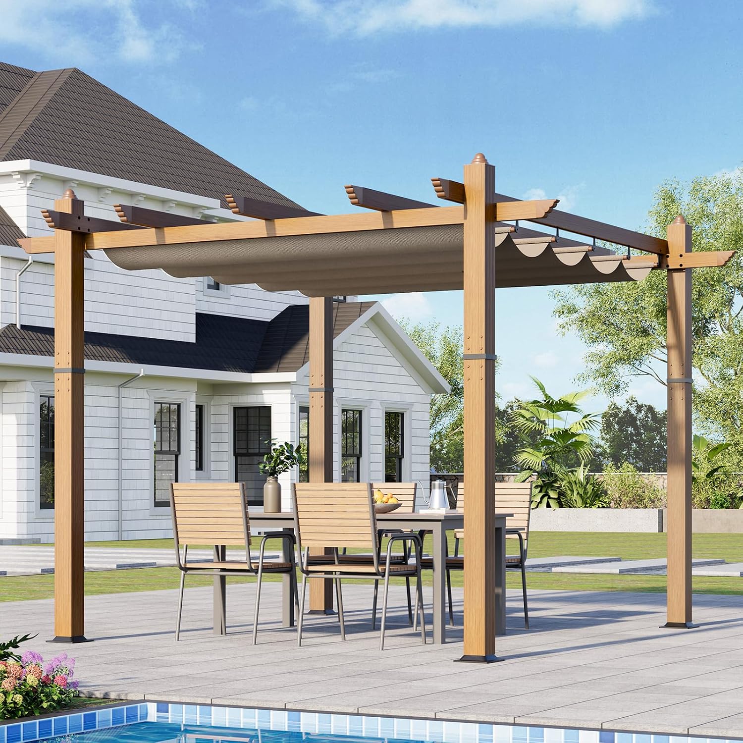 10x10 Ft Outdoor Patio Aluminum Pergola with Sun Shade Canopy, Upgraded Wood-Grain Post Retractable Pergola, Modern Metal Yard Grape Trellis Gazebo for Backyard, Patio, Porch, Khaki