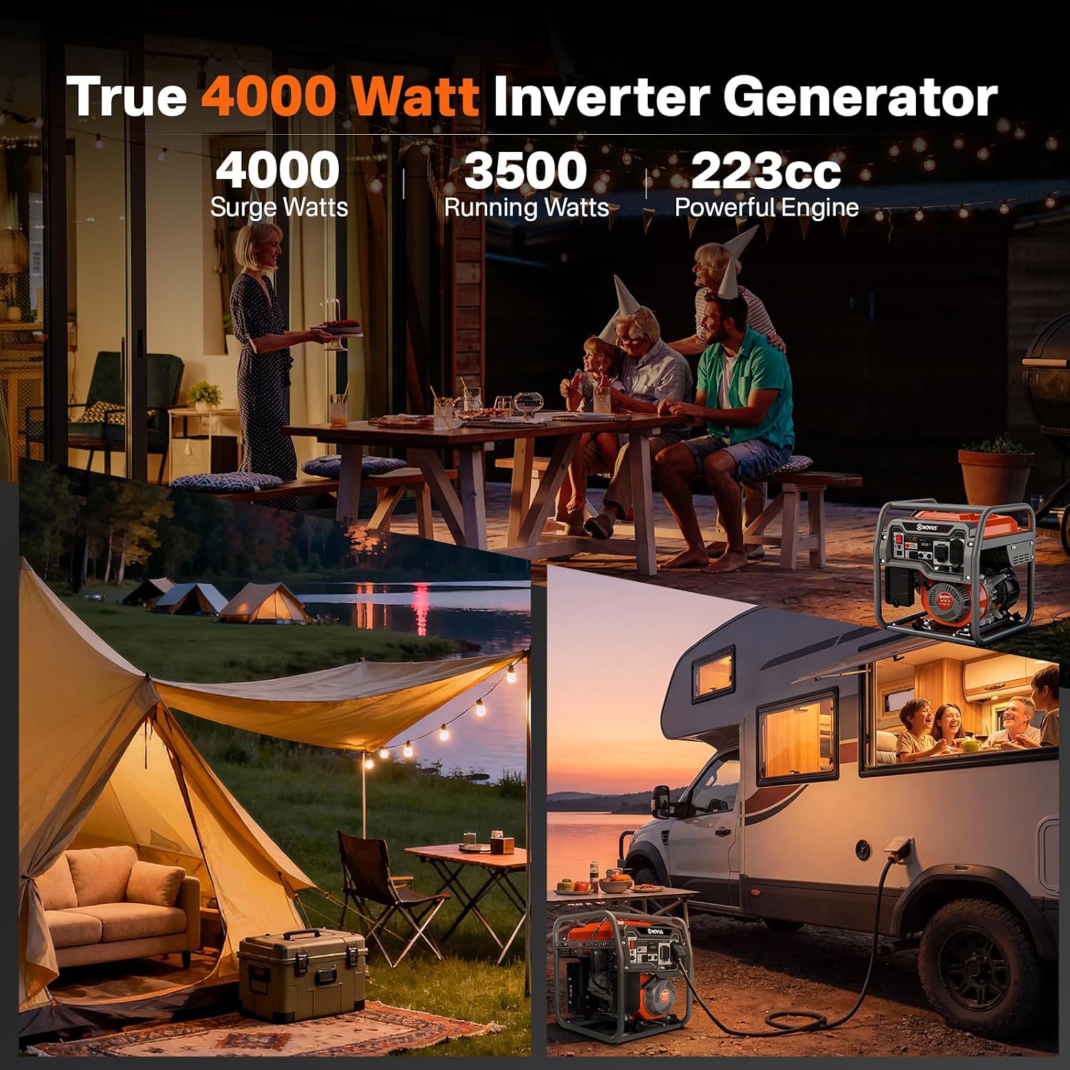 NOVUS Real 4000W Inverter Generator, Reliable 223cc Engine Gas Generator, Lightweight Outdoor Generator for Camping, Home and RV, with EPA Compliant, Eco Model Feature, GFCI Outlets and CO Sensor