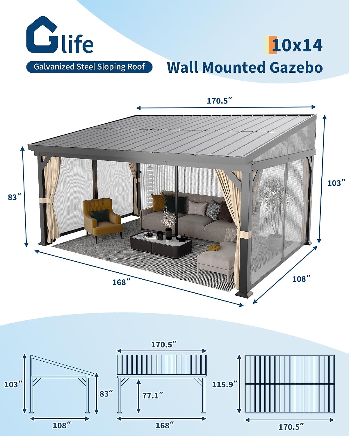 10'x14' Wall-Mounted Lean-to Gazebo with Galvanized Steel Roof, Gutters & Sliding Netting/Curtains – Hardtop Metal Pergola Canopy for Patio, Backyard, Garden, or Carport – Weather-Resistant & Durable