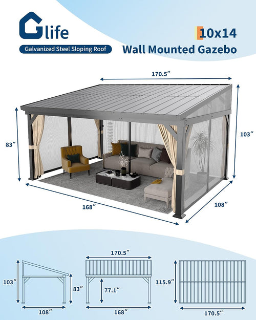 10'x14' Wall-Mounted Lean-to Gazebo with Galvanized Steel Roof, Gutters & Sliding Netting/Curtains – Hardtop Metal Pergola Canopy for Patio, Backyard, Garden, or Carport – Weather-Resistant & Durable