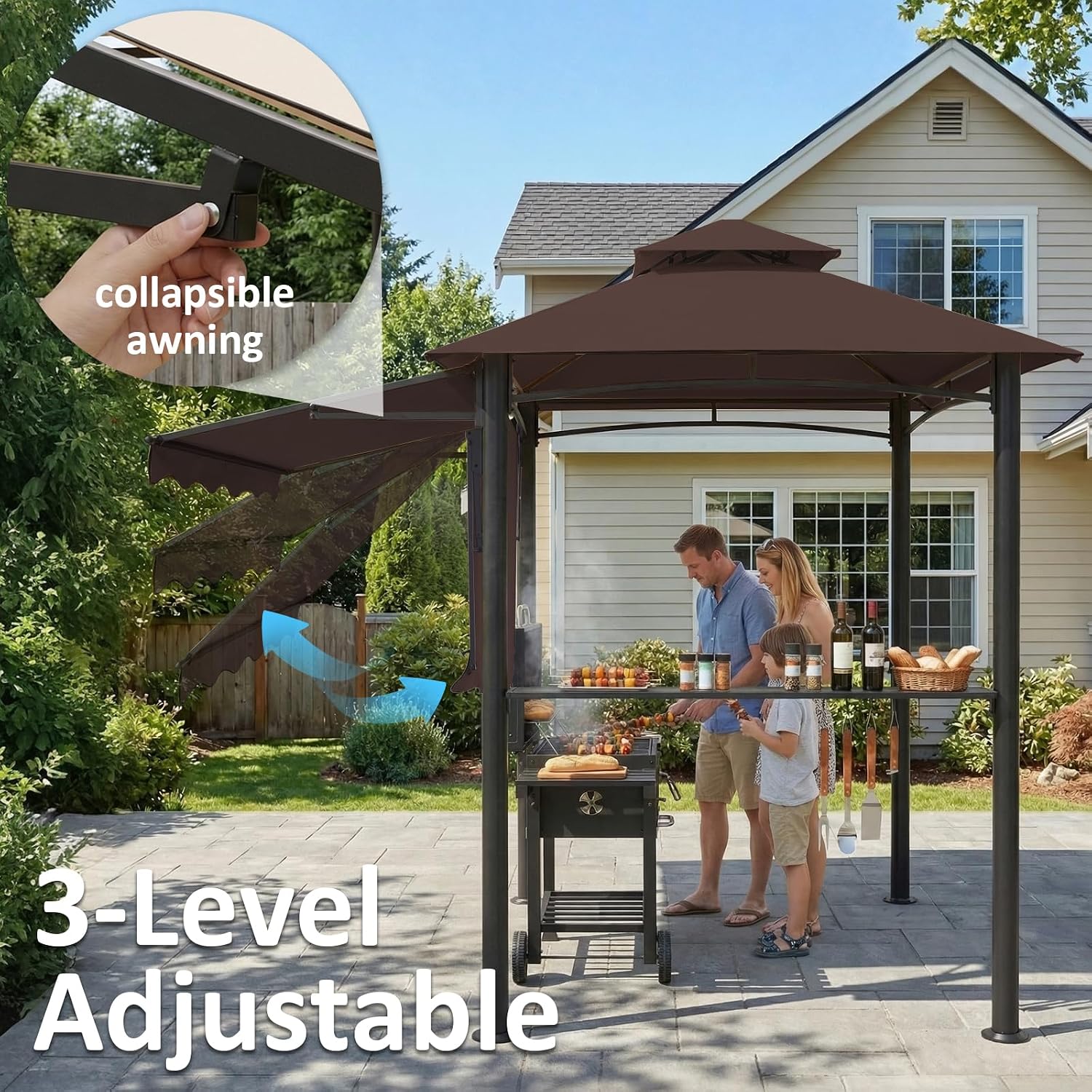 CHARMELEON 8x8 FT Grill Gazebo, Grill Canopy with Big Awning&2 Side Shelves&6 Hooks&Bottle Opener, Powder-Coated Steel BBQ Shelter for Patio Backyard Outdoor Grilling-Brown