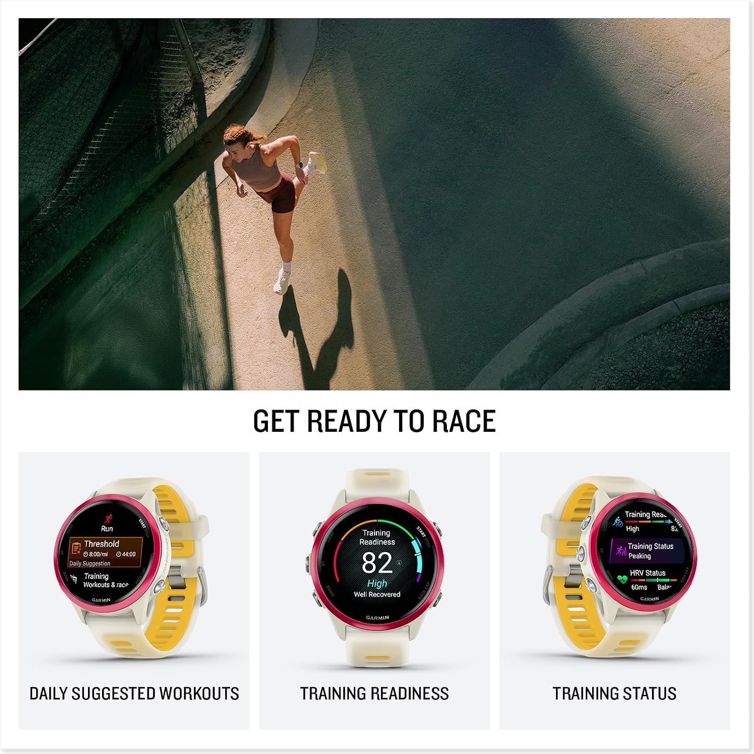 PlayBetter Garmin Forerunner 570 (42 mm, Raspberry/Translucent Bone/Mango) Running GPS Smartwatch - AMOLED Display, Training & Recovery - Bundle Portable Charger & HD Screen Protectors
