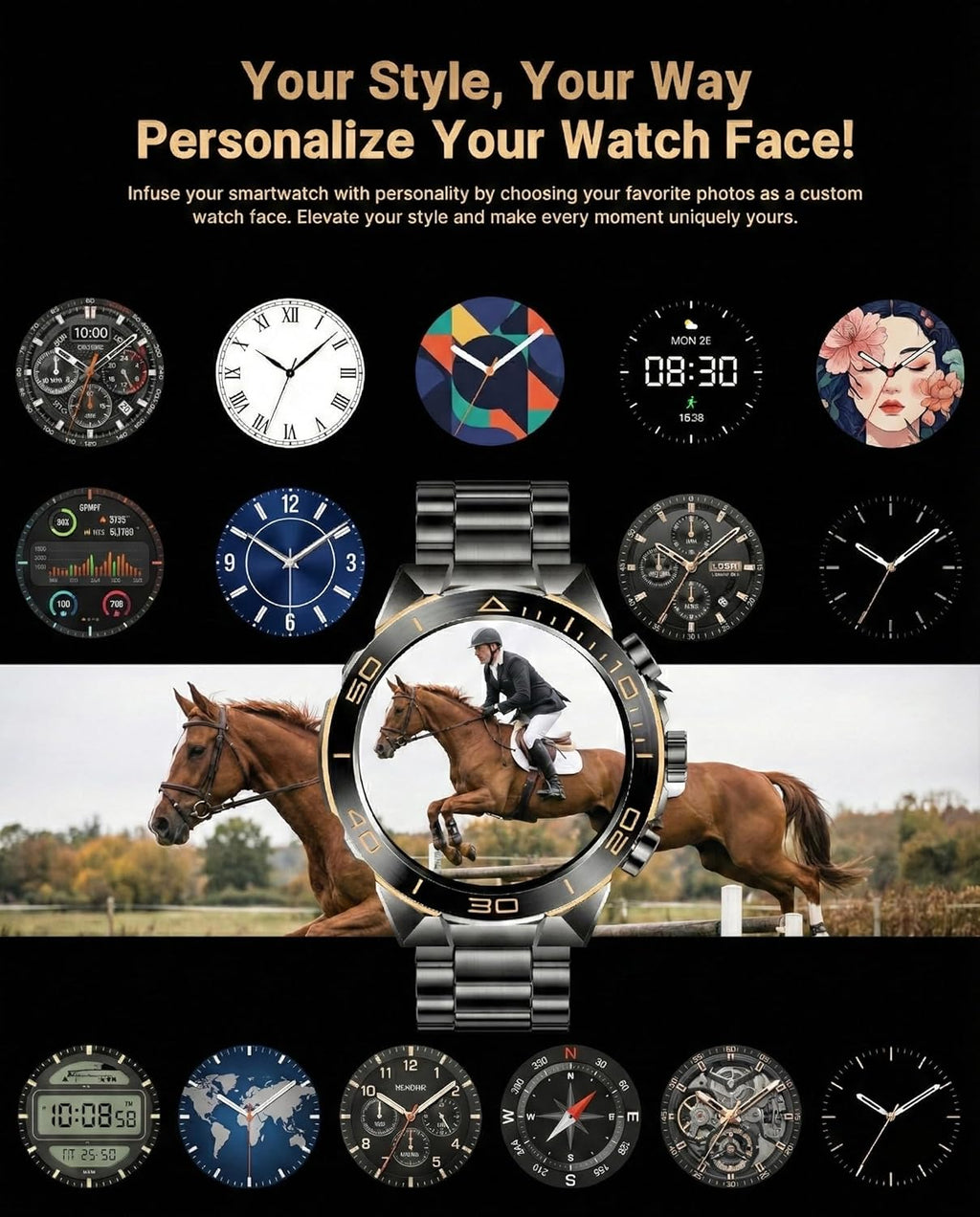 SOUYIE Men's Smart Watch with Bluetooth Call, 1.43' AMOLED Round Dial, Luxury Stainless Steel & Silicone Bands, Business Sport Fitness Tracker, Heart Rate/Blood Pressure/Sleep Monitor for iOS Android