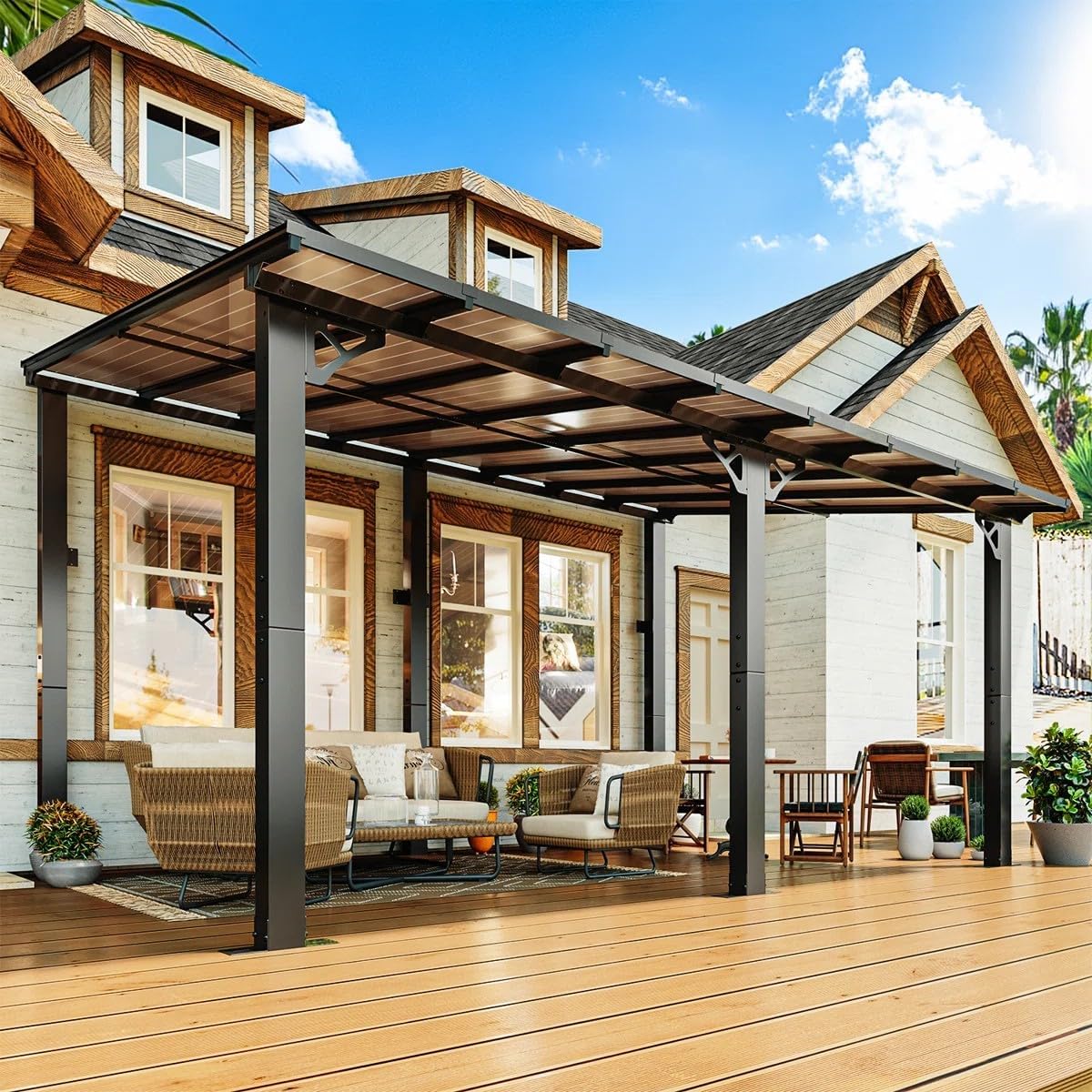 Gazebo for Patio 10' x 16', Wall-Mounted Lean to Gazebo Pergola with Roof, Hard Top Heavy Duty Awnings for Backyard, Decks and More