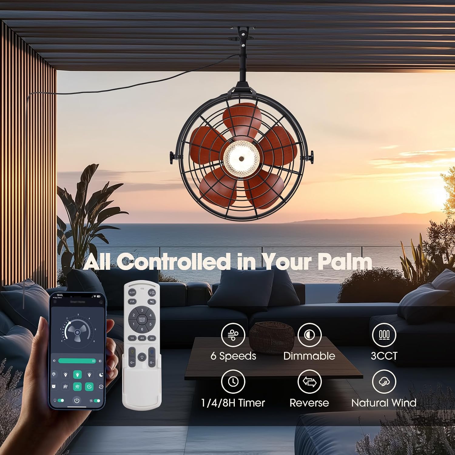 23' Waterproof Outdoor Ceiling Fan with Light, Outdoor Hanging Fan for Patio, 6-Speed & 3 CCT LED, Caged Ceiling Fan with Smart APP & Remote Control, Perfect for Gazebo, Pergola, Canopy