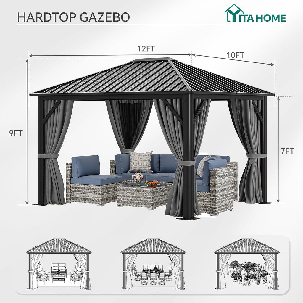 YITAHOME 10'X12' Single Hardtop Gazebo Metal Outdoor Patio Galvanized Iron Aluminum Column Garden Tent Curtains Netting for Backyards Decks Lawns,Gray