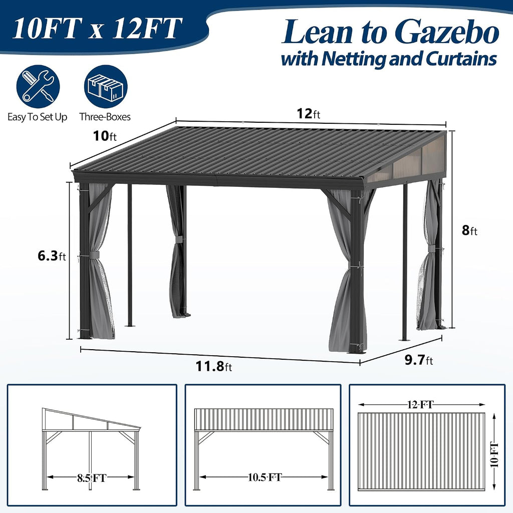 COVERONICS 10' X 12' Outdoor Lean to Gazebo - Wall-Mounted Aluminum Frame Gazebo with Slope Metal Roof, Patio Heavy-Duty Lean to Pergola with Netting & Curtains for Garden, Backyard, Deck