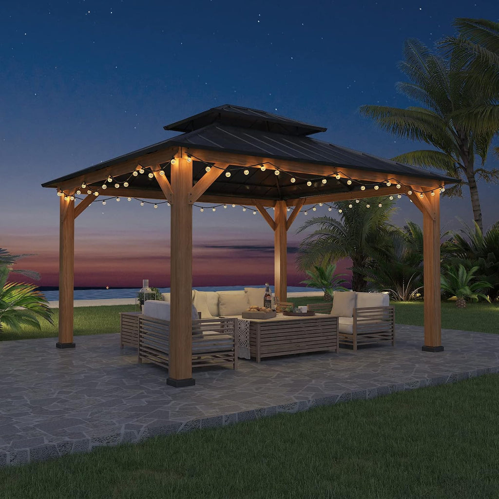 EAGLE PEAK 11x13 Hardtop Gazebo, Glavanized Steel Double Roof with Cedar Wood Frame, Outdoor Pavilion for Patio, Deck, Lawn and Garden, Natural Wood/Black