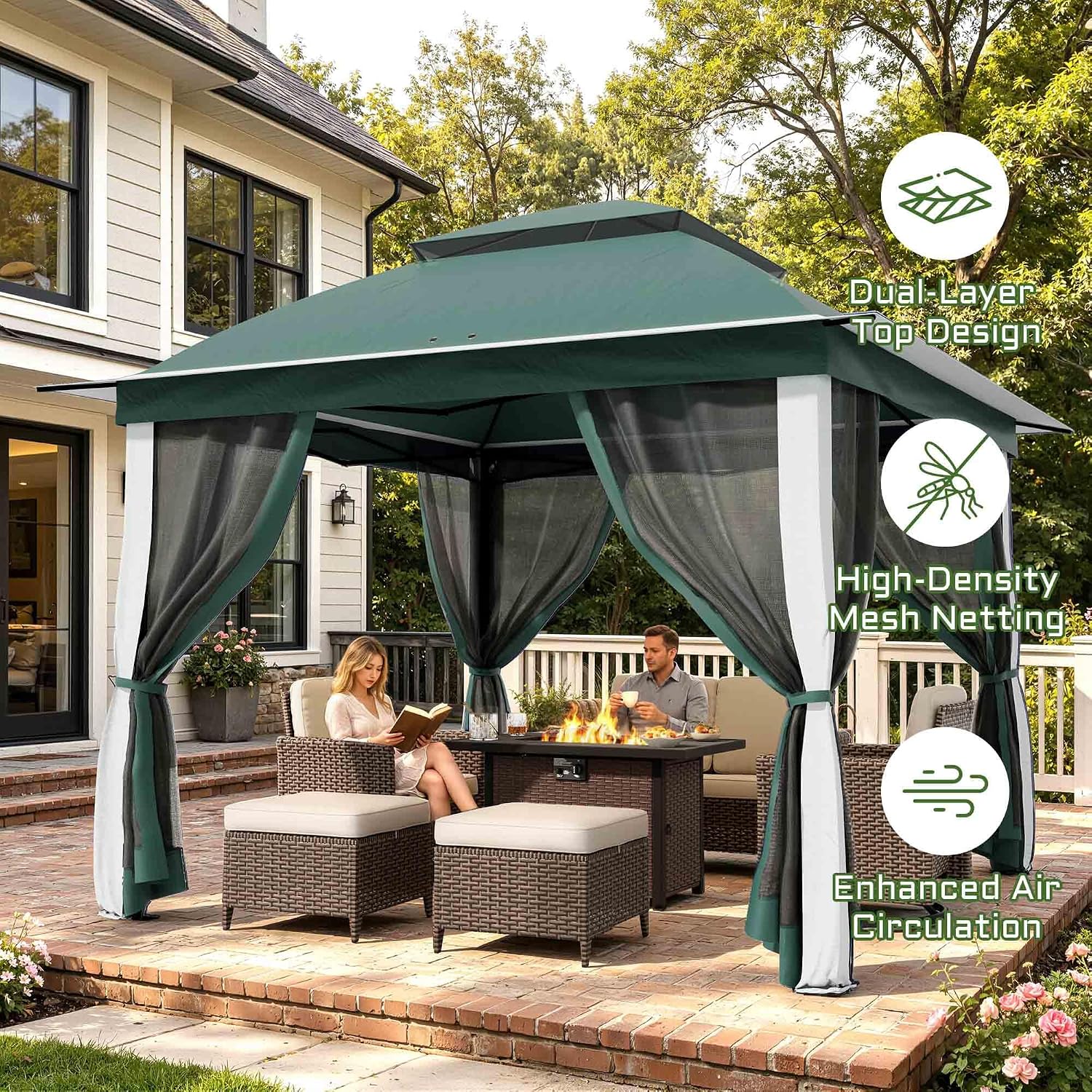 11'X11' Gazebo Pop Up with 4 Sidewalls Mosquito Netting, Heavy Duty Patio Gazebo Canopy Tent with Double Air Roofs for Backyards, Patios, Decks, Gardens, Parks