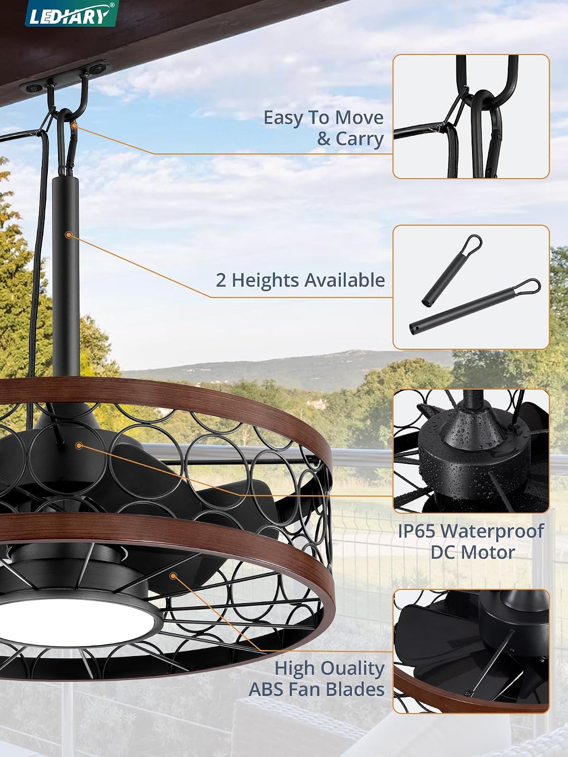 LEDIARY Outdoor Ceiling Fan with Light and Remote,Waterproof Gazebo Fan with Hanging Hook,6 Speeds, 3CCT, 20 Inch Caged Plug in Ceiling Fan for Patios,Porch, Pergola,Canopy