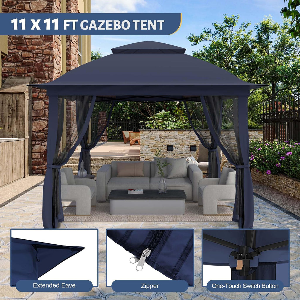 11'X11' Gazebo Pop Up with 4 Sidewalls Mosquito Netting, Heavy Duty Patio Gazebo Canopy Tent with Double Air Roofs for Backyards, Patios, Decks, Gardens, Parks