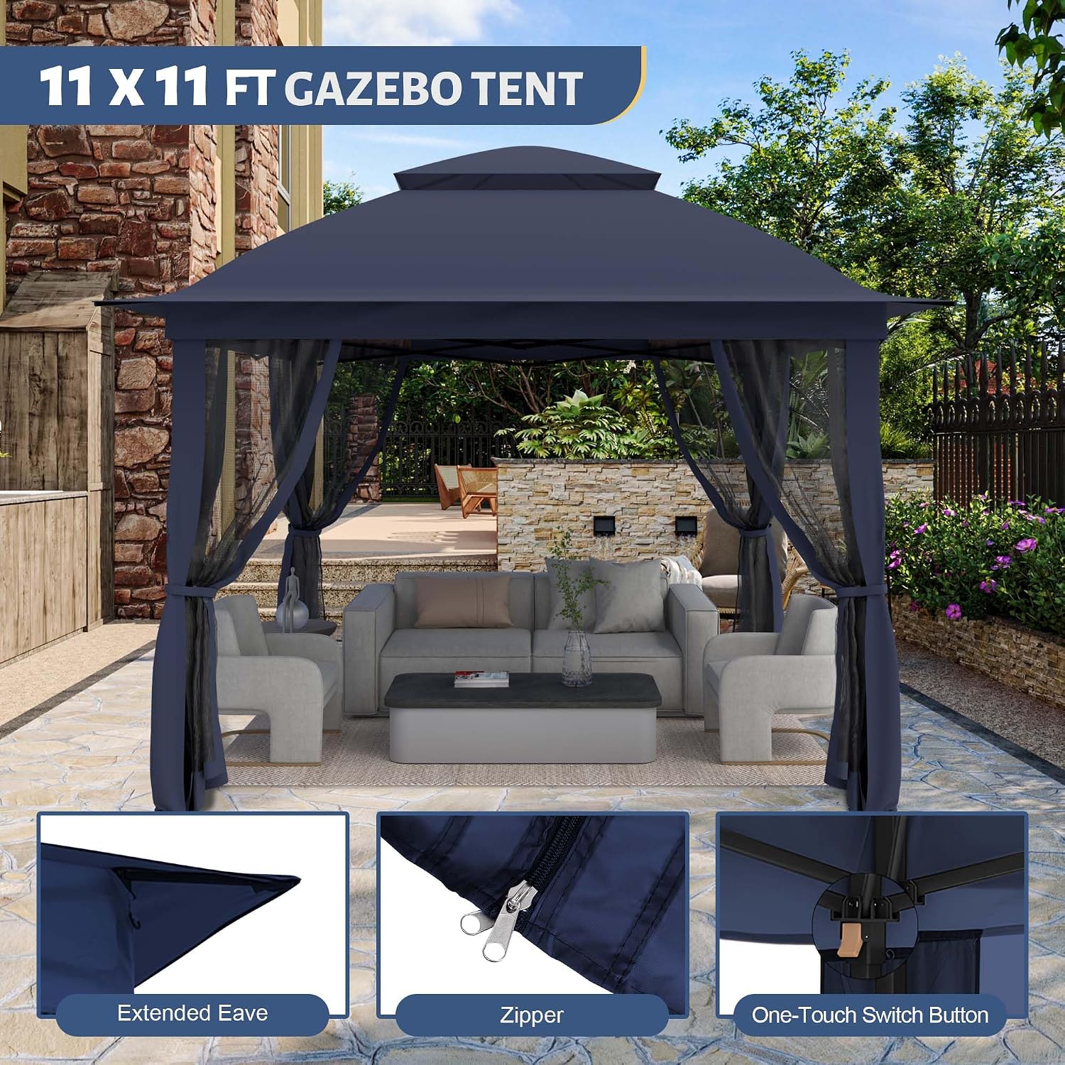 11'X11' Gazebo Pop Up with 4 Sidewalls Mosquito Netting, Heavy Duty Patio Gazebo Canopy Tent with Double Air Roofs for Backyards, Patios, Decks, Gardens, Parks