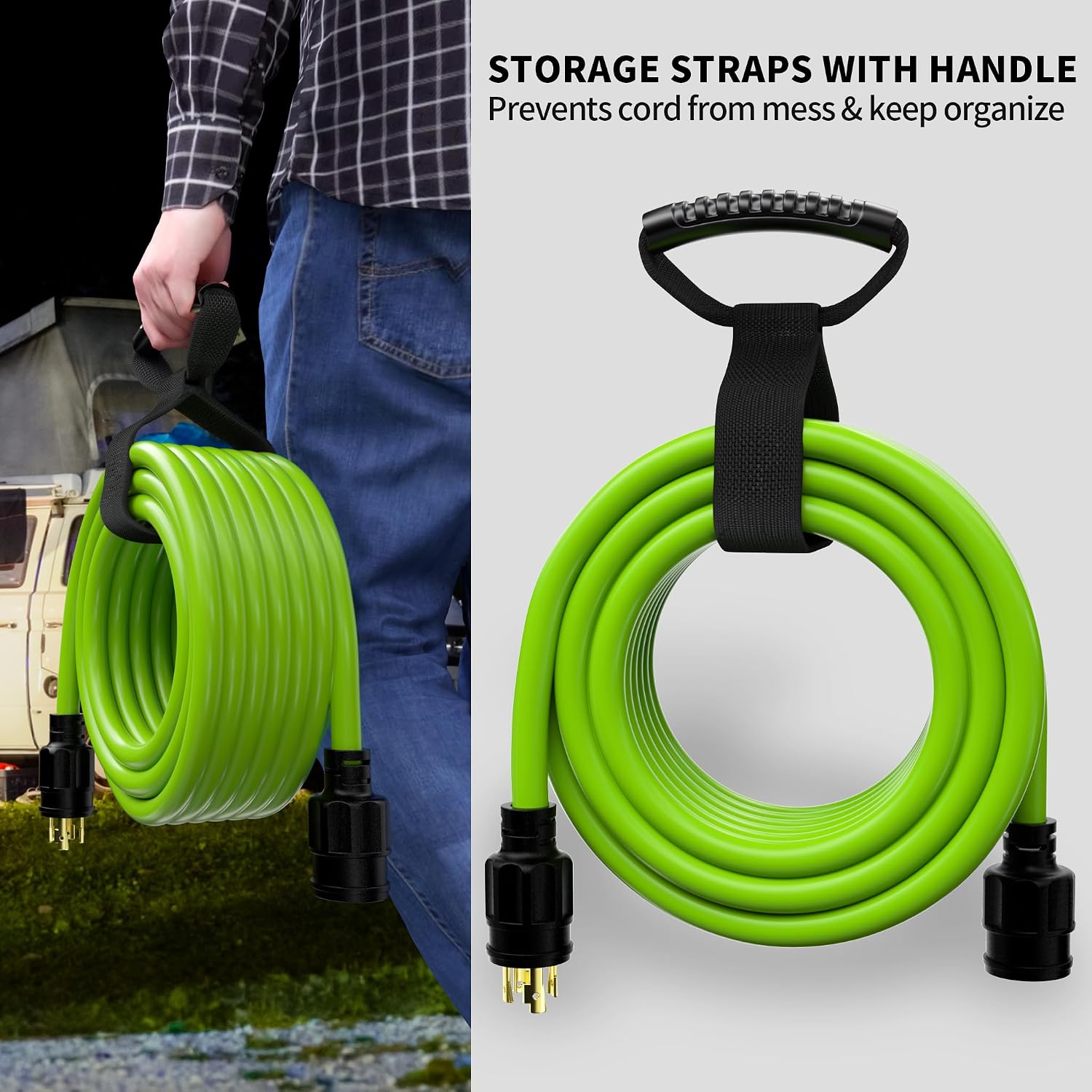 POWGRN 75Feet 30 Amp Generator Extension Cord 4 Prong,Heavy Duty NEMA L14-30P/L14-30R,125/250V 7500W,Green 10 Gauge STW Twist Locking Generator to House Power Cords with Cord Organizer,ETL Listed