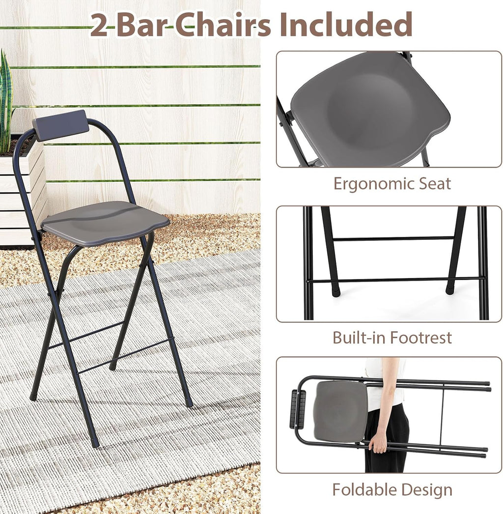Tangkula 3 Piece Patio Bar Set, Grill Gazebo & 2 Foldable Bar Stools with Awning, Metal Storage Shelves, Glass Holders, Double-Tier Outdoor Shelter for Patio Poolside Garden Backyard (Gray)