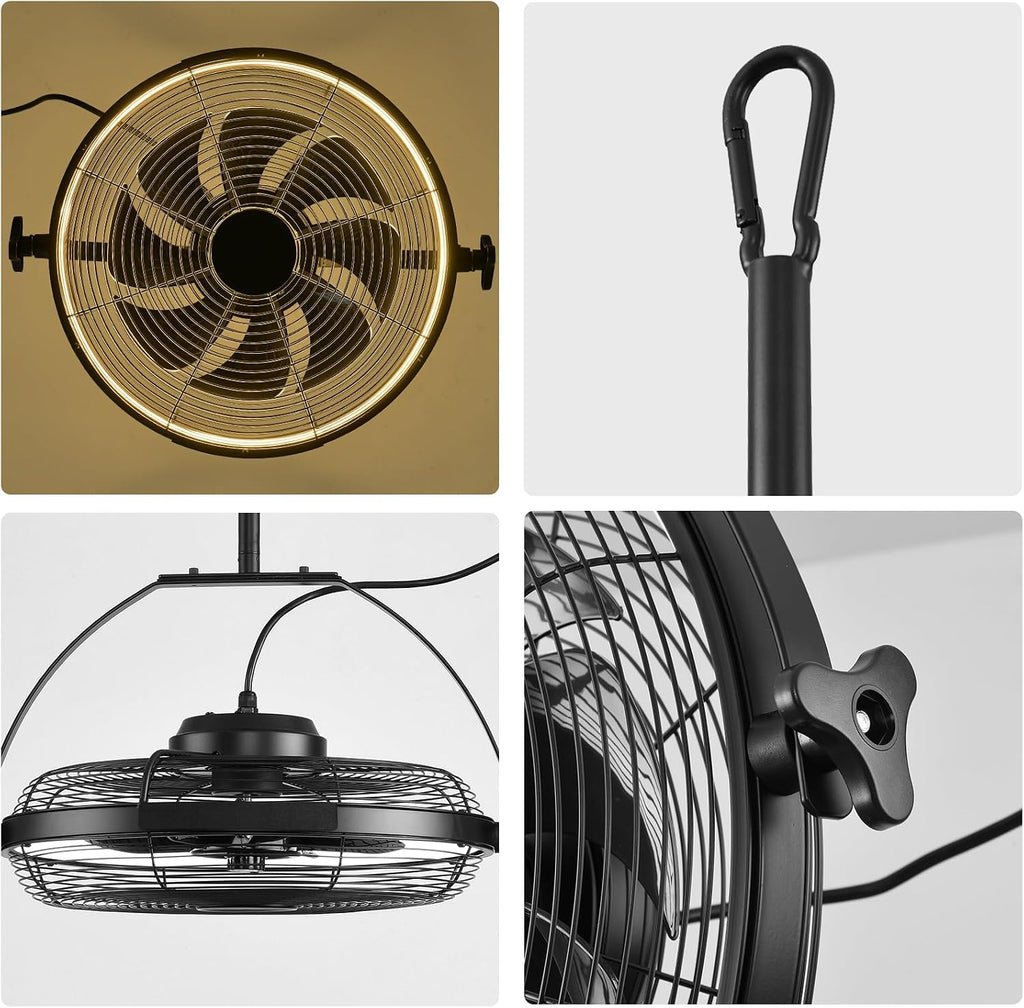 Gazebo Fans Outdoor Hanging Ceiling Fans with Lights,16' Portable Plug in Ceiling Fan,Multi-Angle Adjustable Floor Fans,Black Outdoor Ceiling Fans for Patios.