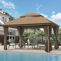 LuxaDomus Outdoor Gazebo 10'×13' for Patio, Metal Frame Canopy with Double Roofs, Heavy Duty Party Tent with Mosquito Netting and Curtains for Backyard, Garden, Lawn and Deck, Coffee